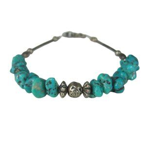 Turquoise Stone Silver Plate Bead Beaded Bracelet Korea Vintage Southwestern